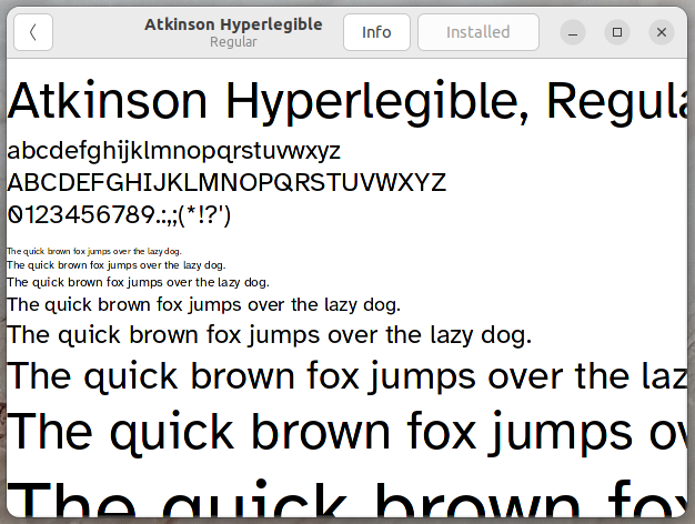 Screenshot: Fonts app showing examples of the Atkinson Hyperlegible font.
