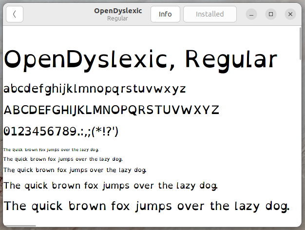 Screenshot: Fonts app showing examples of the OpenDyslexic font.