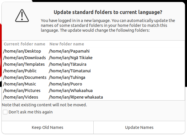 Screenshot: Dialog asking if we want to update the standard folder names.